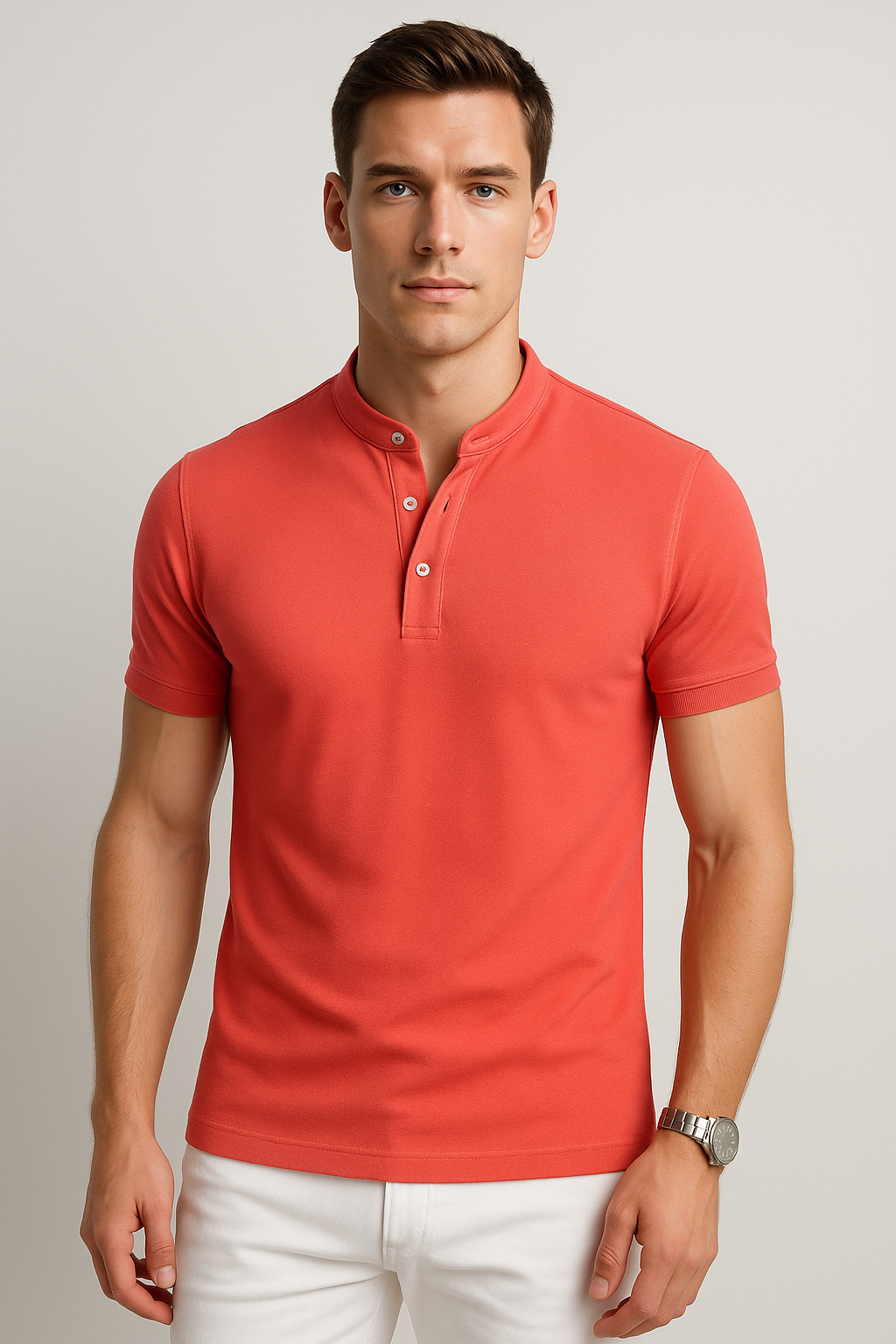 Playeras Polo Para Hombre Lisa De Manga Corta Cuello Mao APCMAO Coral