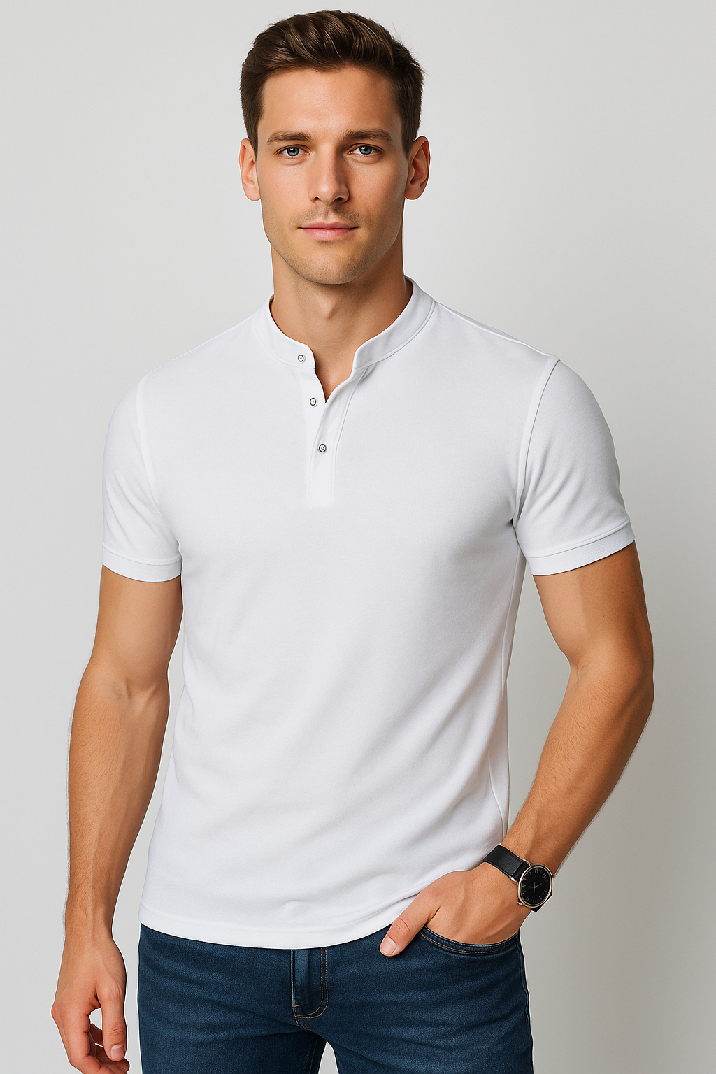 Playeras Polo Para Hombre Lisa De Manga Corta Cuello Mao APCMAO Blanco