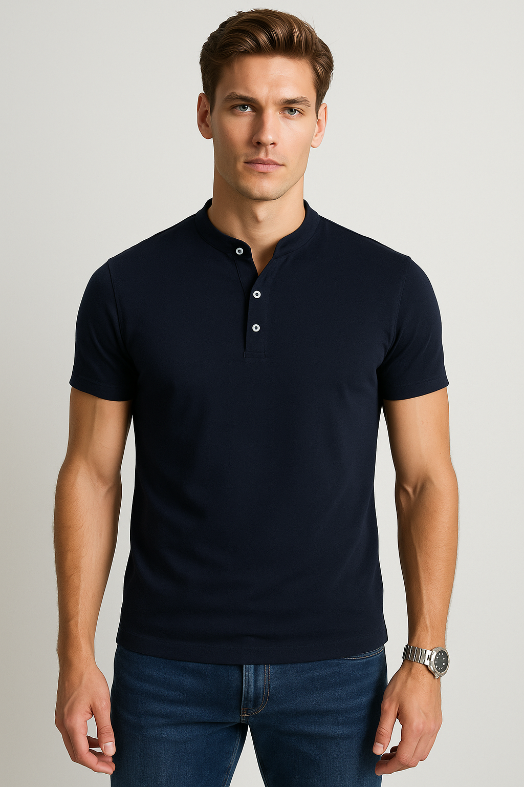 Playeras Polo Para Hombre Lisa De Manga Corta Cuello Mao APCMAO Marino
