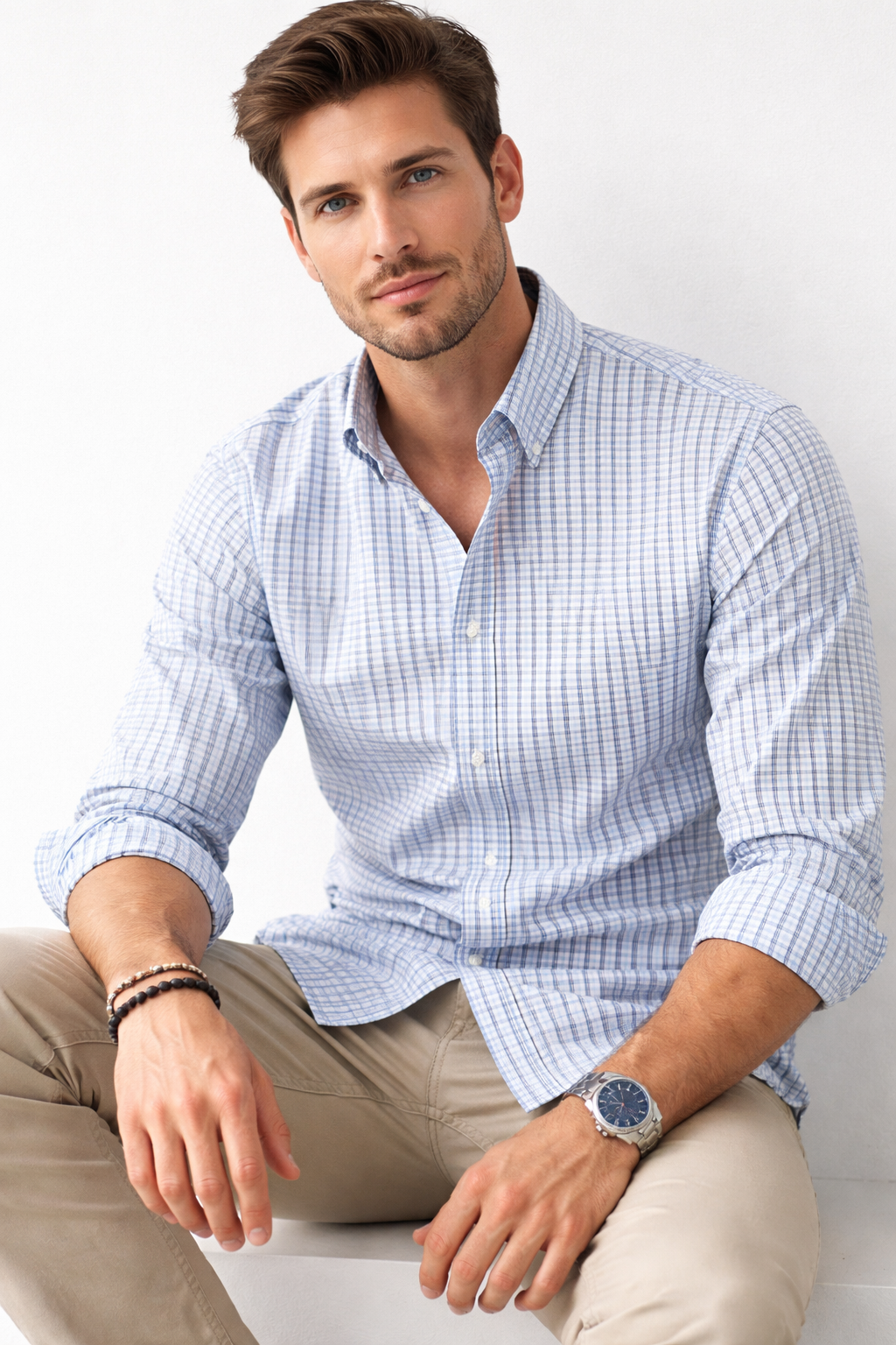 Camisas Para Hombre Manga Larga Cuadros Bicolor B61203 Azul