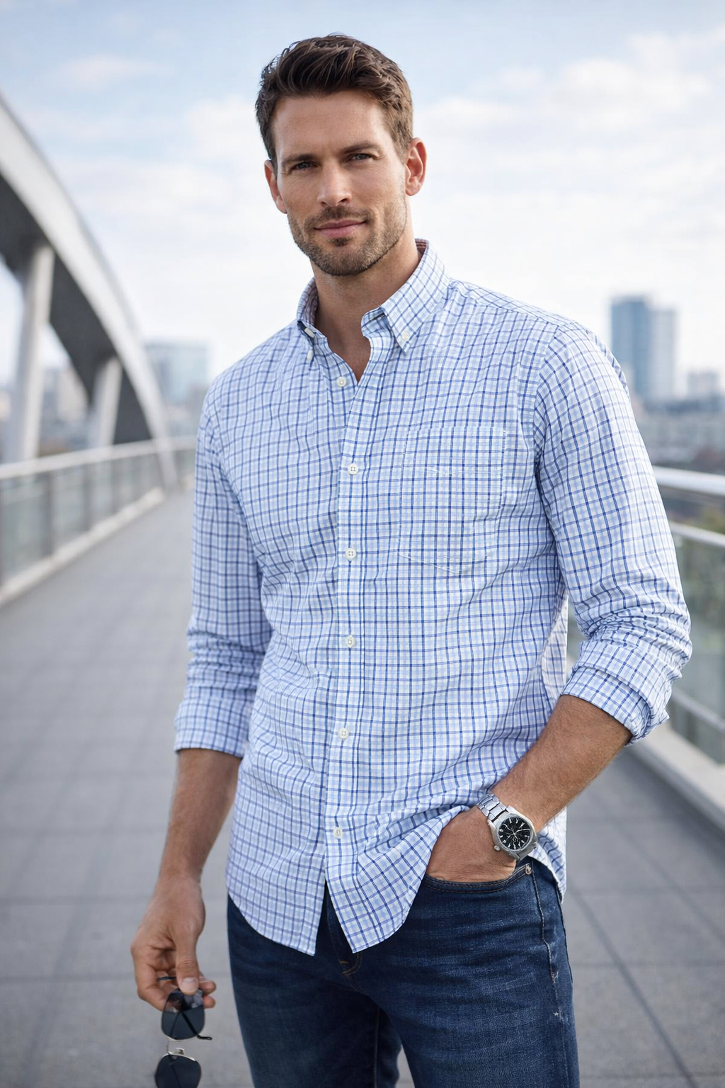 Camisas Para Hombre Manga Larga Cuadros Bicolor B61203 Azul