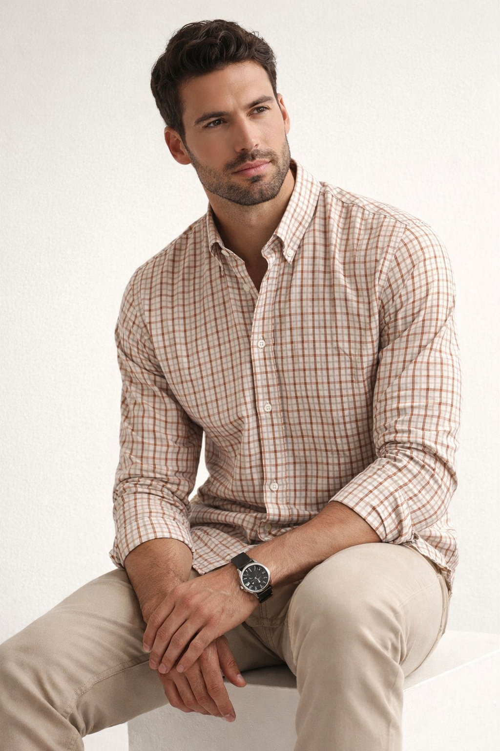 Camisas Para Hombre Manga Larga Cuadros Bicolor B61203 Kaki