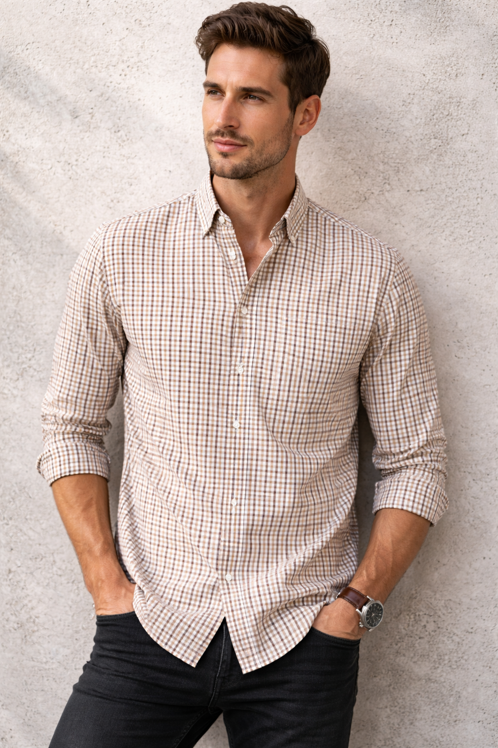 Camisas Para Hombre Manga Larga Cuadros Bicolor B61203 Kaki