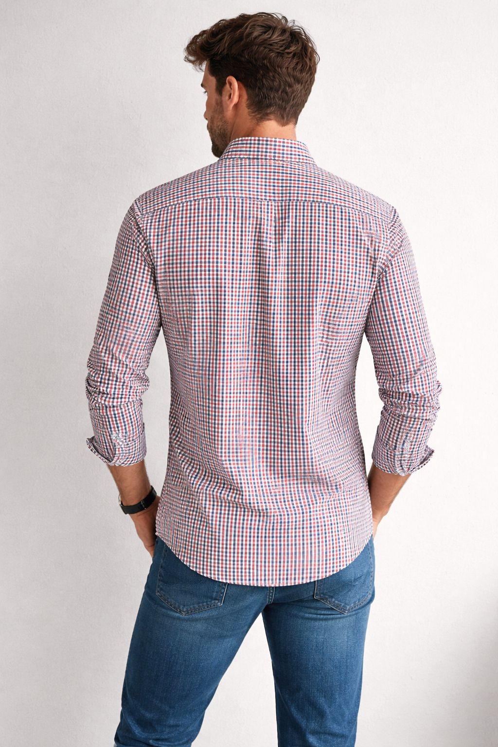 Camisas Para Hombre Manga Larga Cuadros Bicolor B61203 Rojo