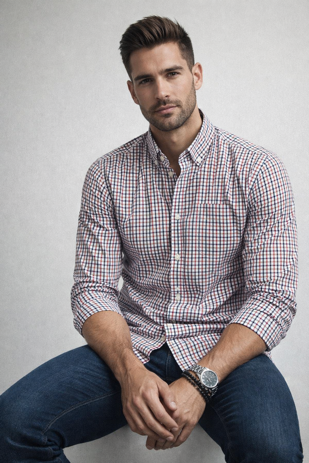 Camisas Para Hombre Manga Larga Cuadros Bicolor B61203 Rojo