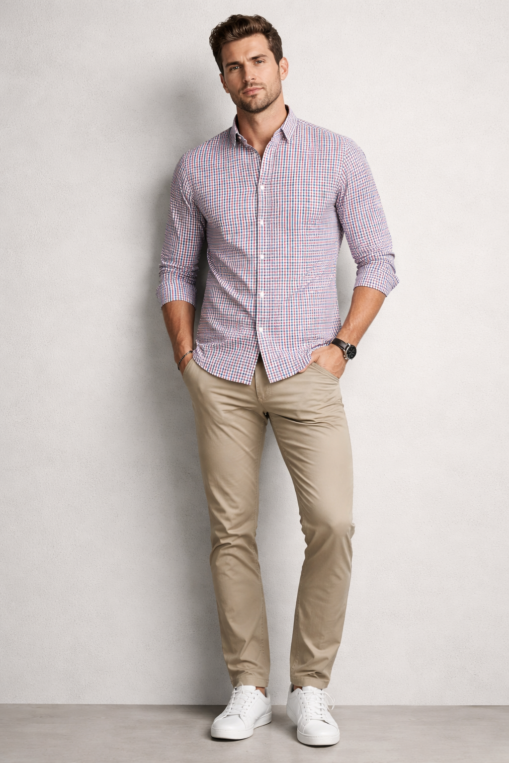 Camisas Para Hombre Manga Larga Cuadros Bicolor B61203 Rojo