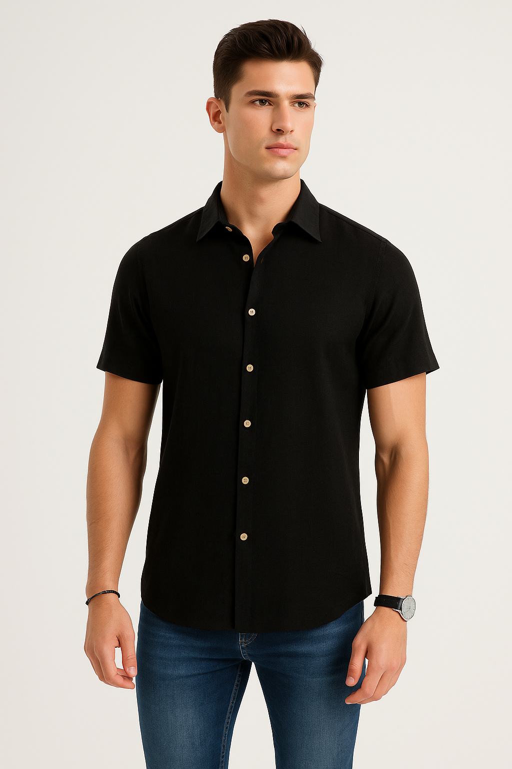 Camisas Para Hombre Estilo Lino Liso B51372 Negro