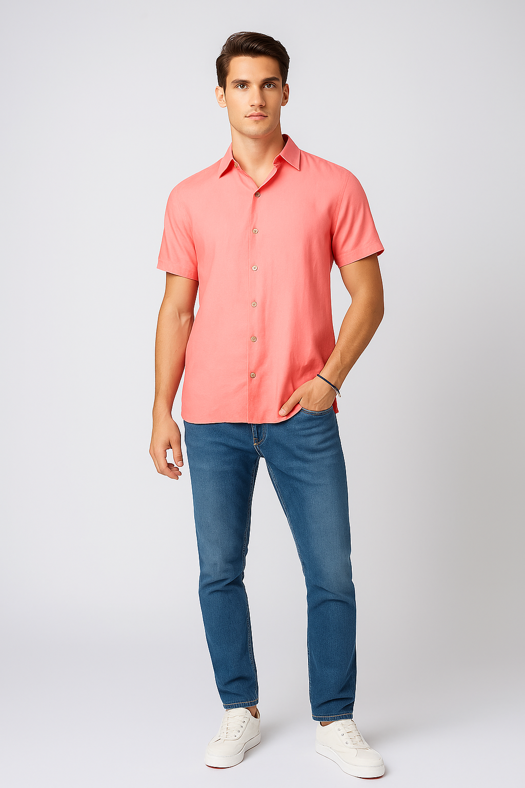 Camisas Para Hombre Estilo Lino Liso B51372 Melon