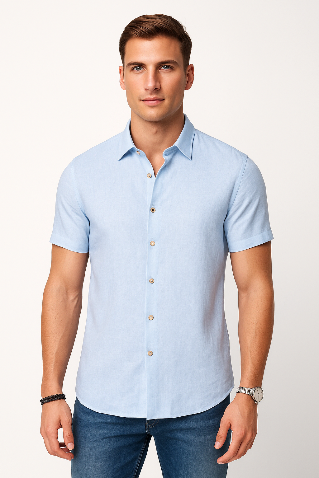 Camisas Para Hombre Estilo Lino Liso B51372 Azul