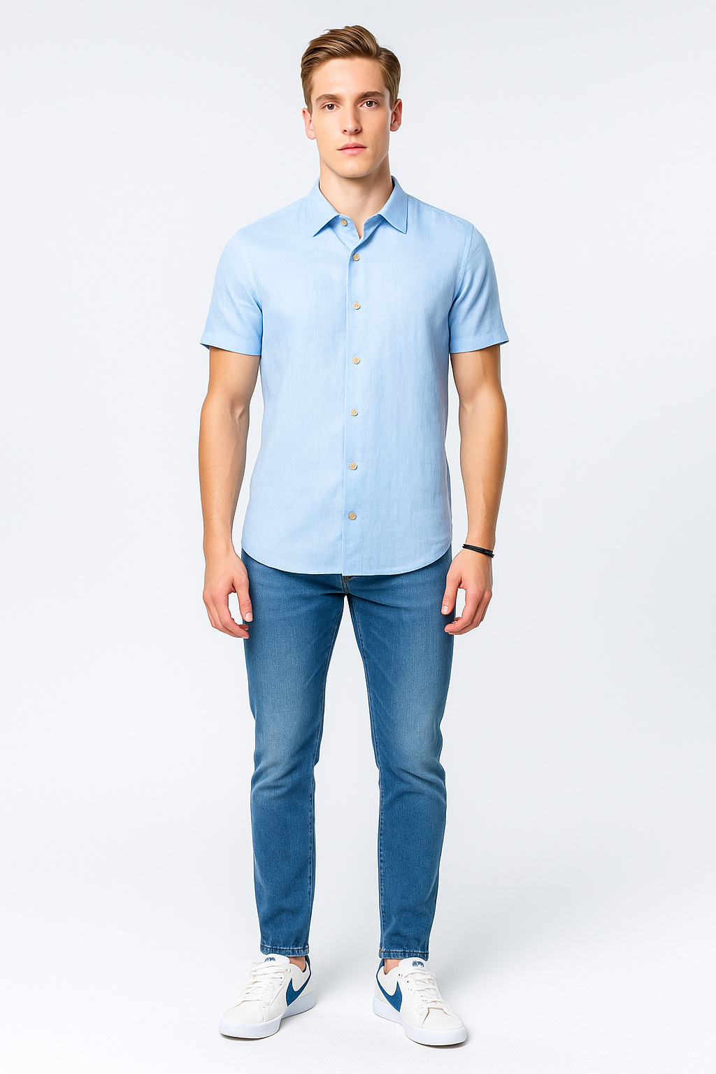 Camisas Para Hombre Estilo Lino Liso B51372 Azul