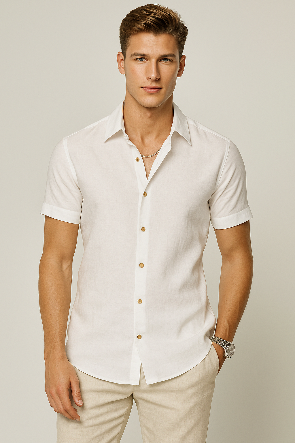 Camisas Para Hombre Estilo Lino Liso B51372 Blanco