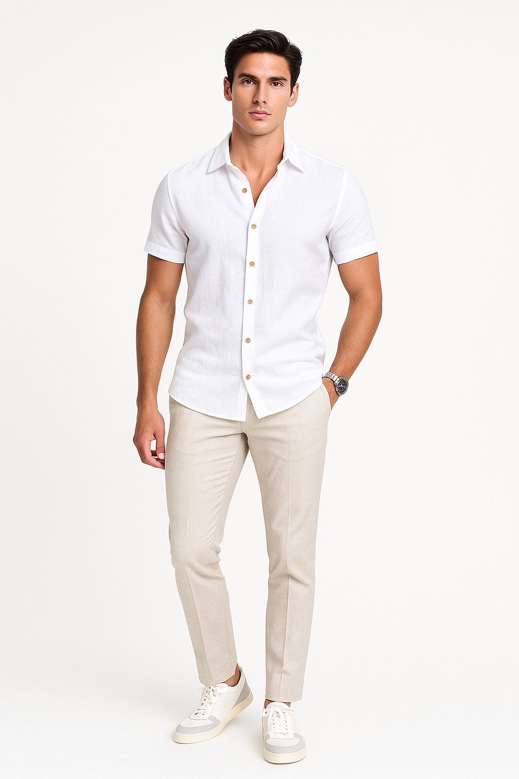 Camisas Para Hombre Estilo Lino Liso B51372 Blanco