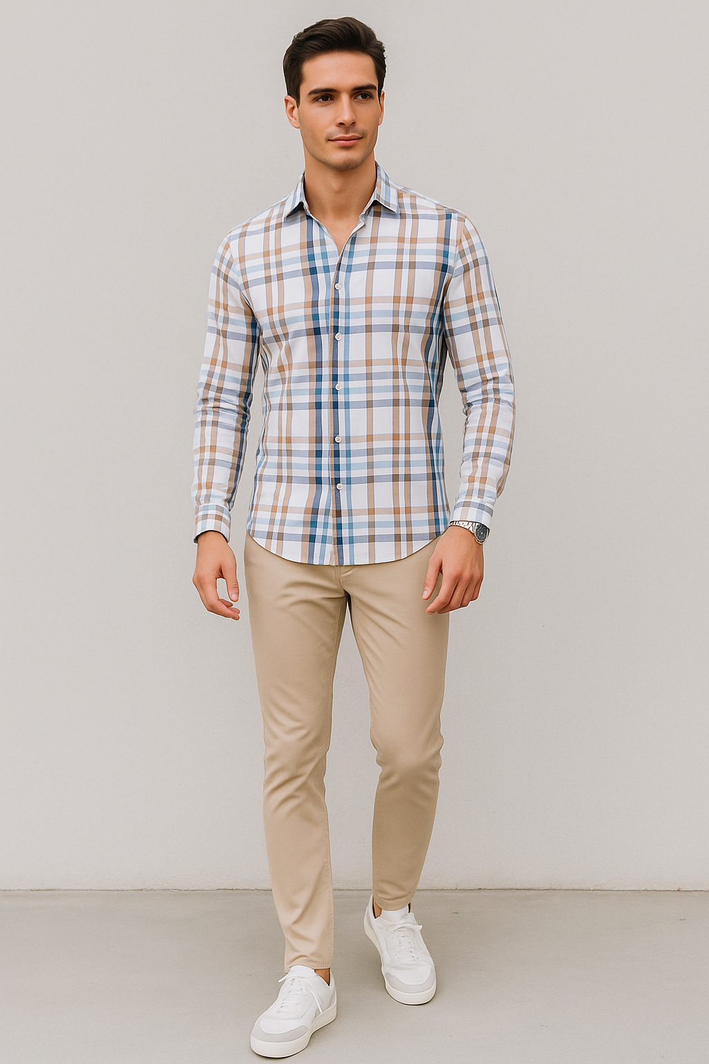 Camisas Para Hombre Manga Larga Bambú Cuadros B51337 Beige