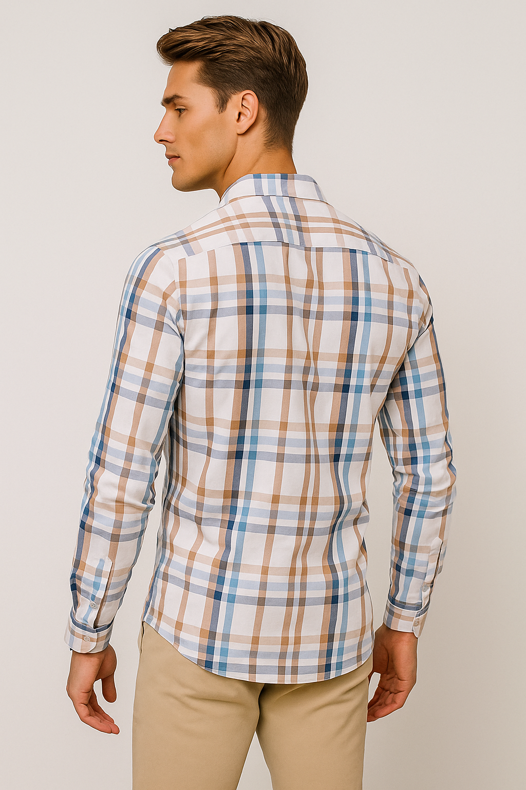 Camisas Para Hombre Manga Larga Bambú Cuadros B51337 Beige