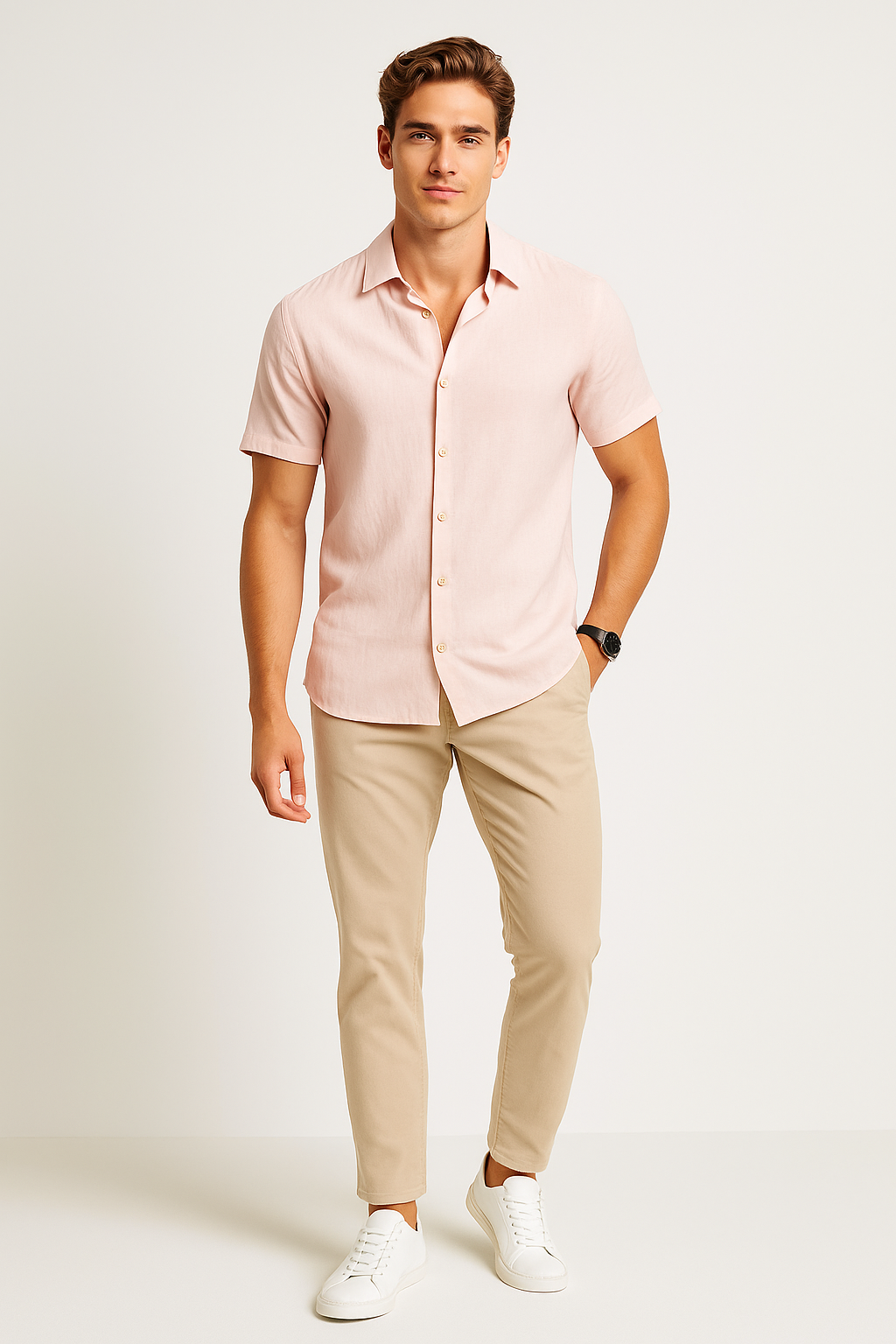 Camisas Para Hombre Estilo Lino Liso B51372 Rosa Palo