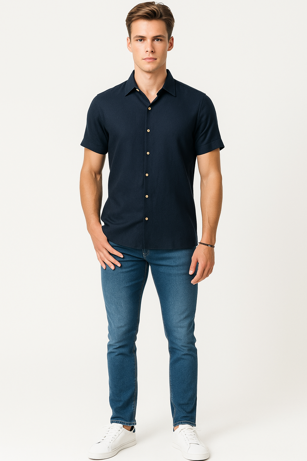 Camisas Para Hombre Estilo Lino Liso B51372 Marino