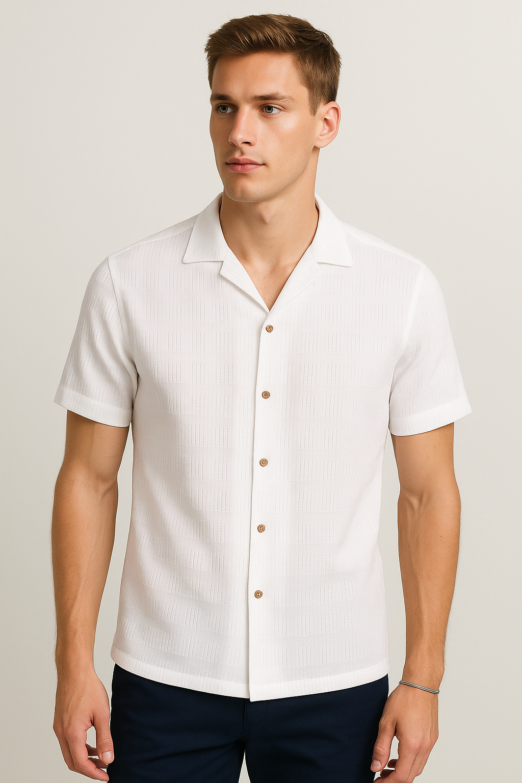 Camisas Para Hombre Jacquard De Manga Corta B51361 Blanco