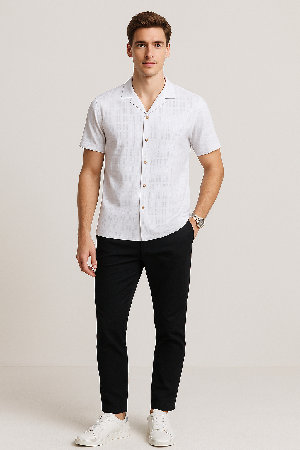 Camisas Para Hombre Jacquard De Manga Corta B51361 Blanco