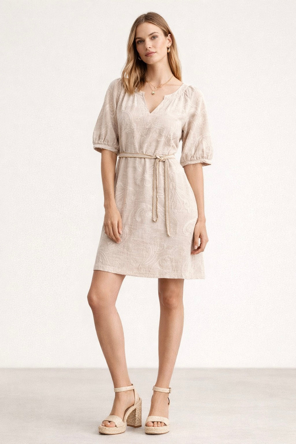 Vestidos Para Mujer Manga Ranglan Bordado Con Cinto S61119 Natural