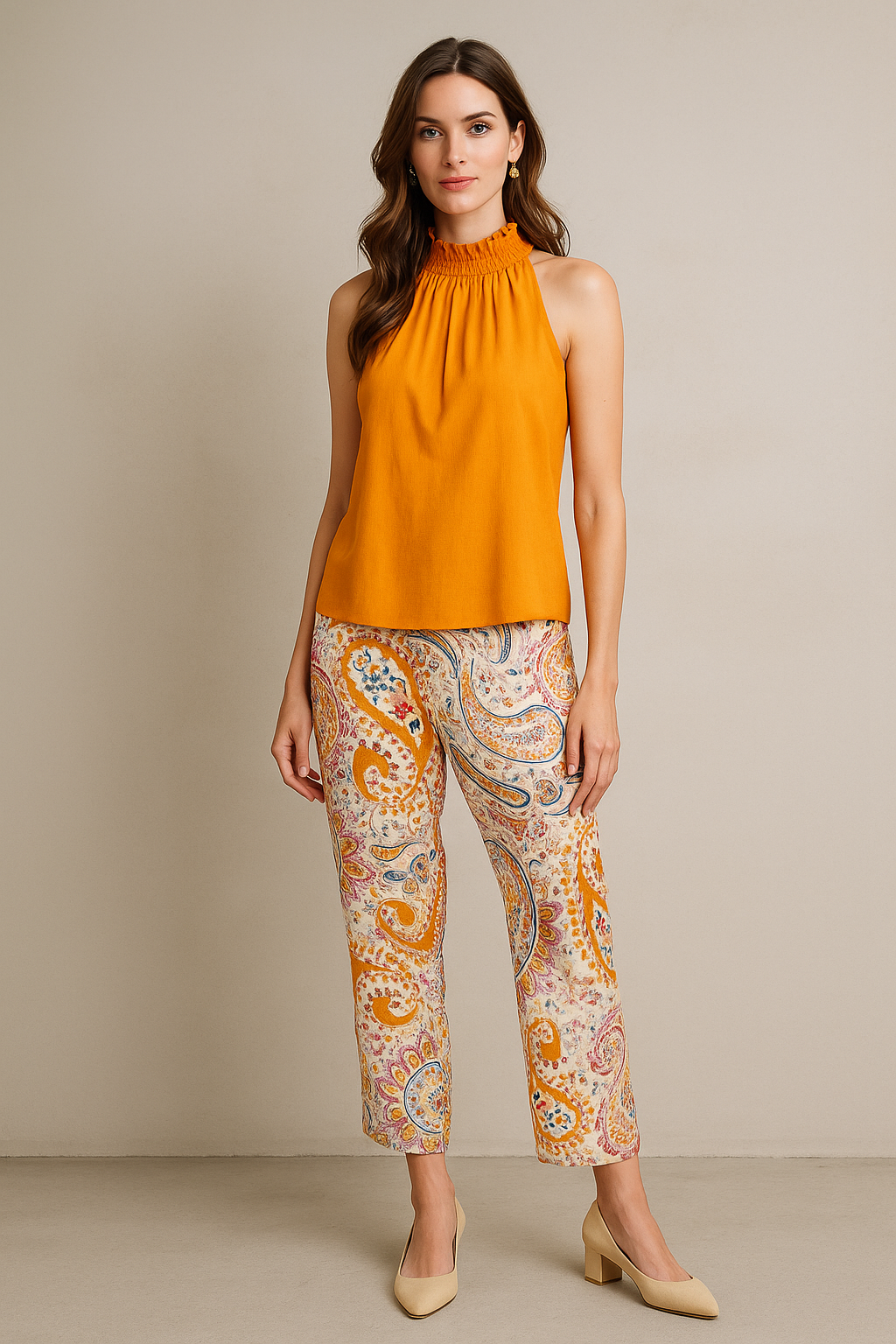 Pantalones Para Mujer Comodo De Tiro Alto Con Estampado Paisley W41114 Unico