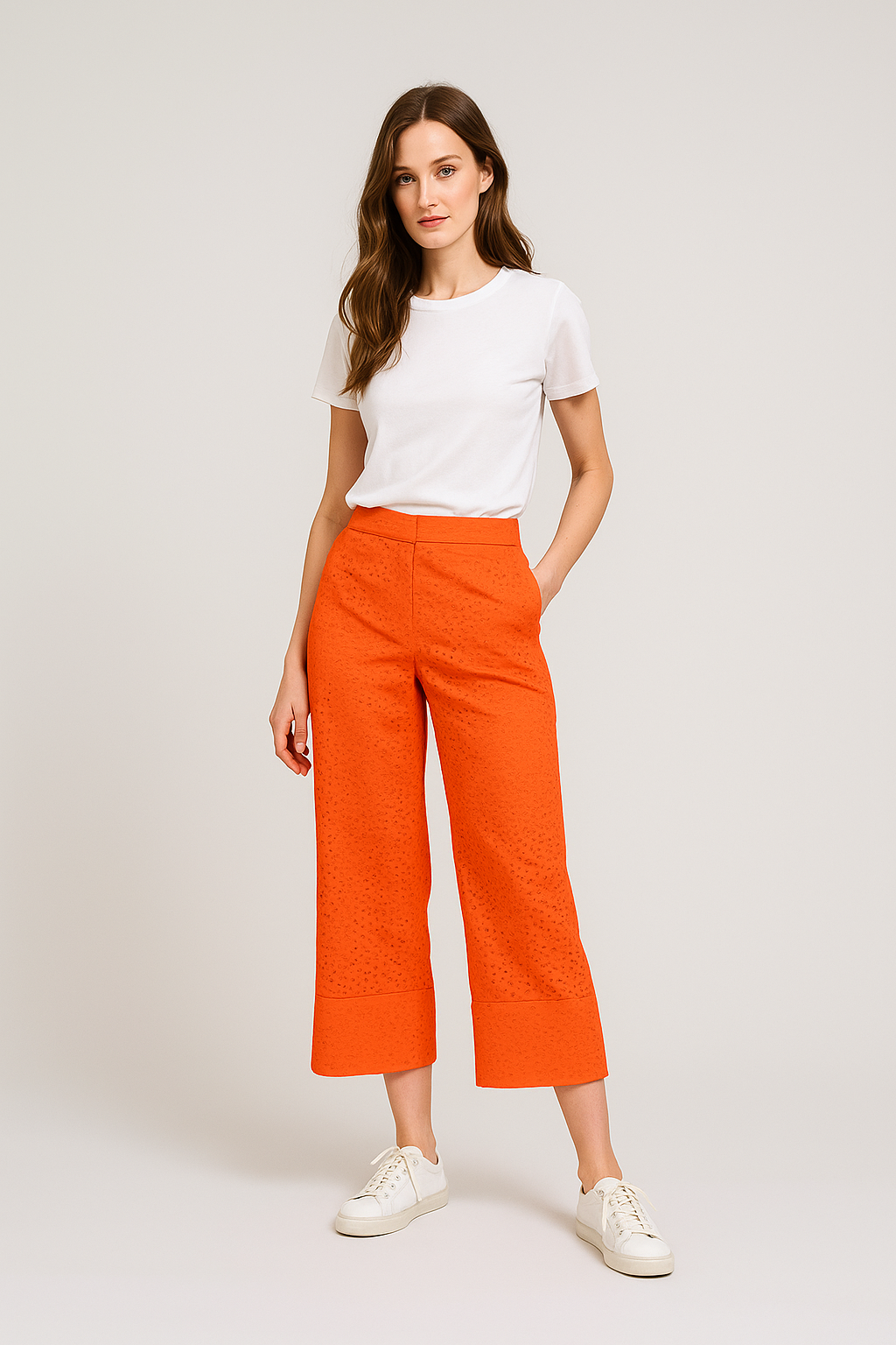 Pantalones Para Mujer Pesquero Liso Perforado Acampanado W41125 Naranja