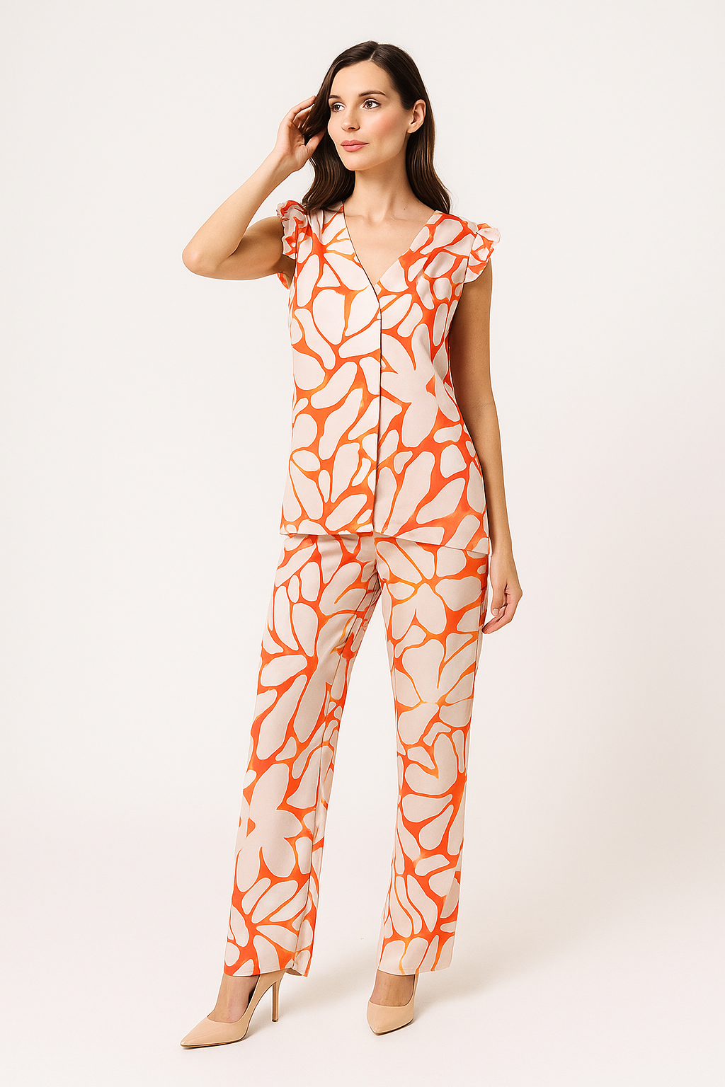 Pantalones Para Mujer Satinado De Tiro Alto Estampado De Flores W41112 Naranja