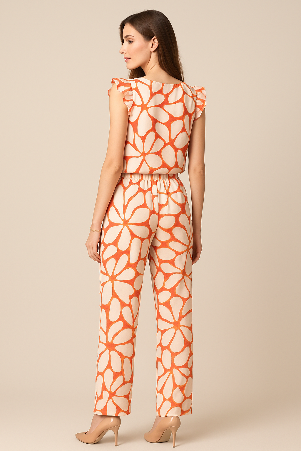 Pantalones Para Mujer Satinado De Tiro Alto Estampado De Flores W41112 Naranja