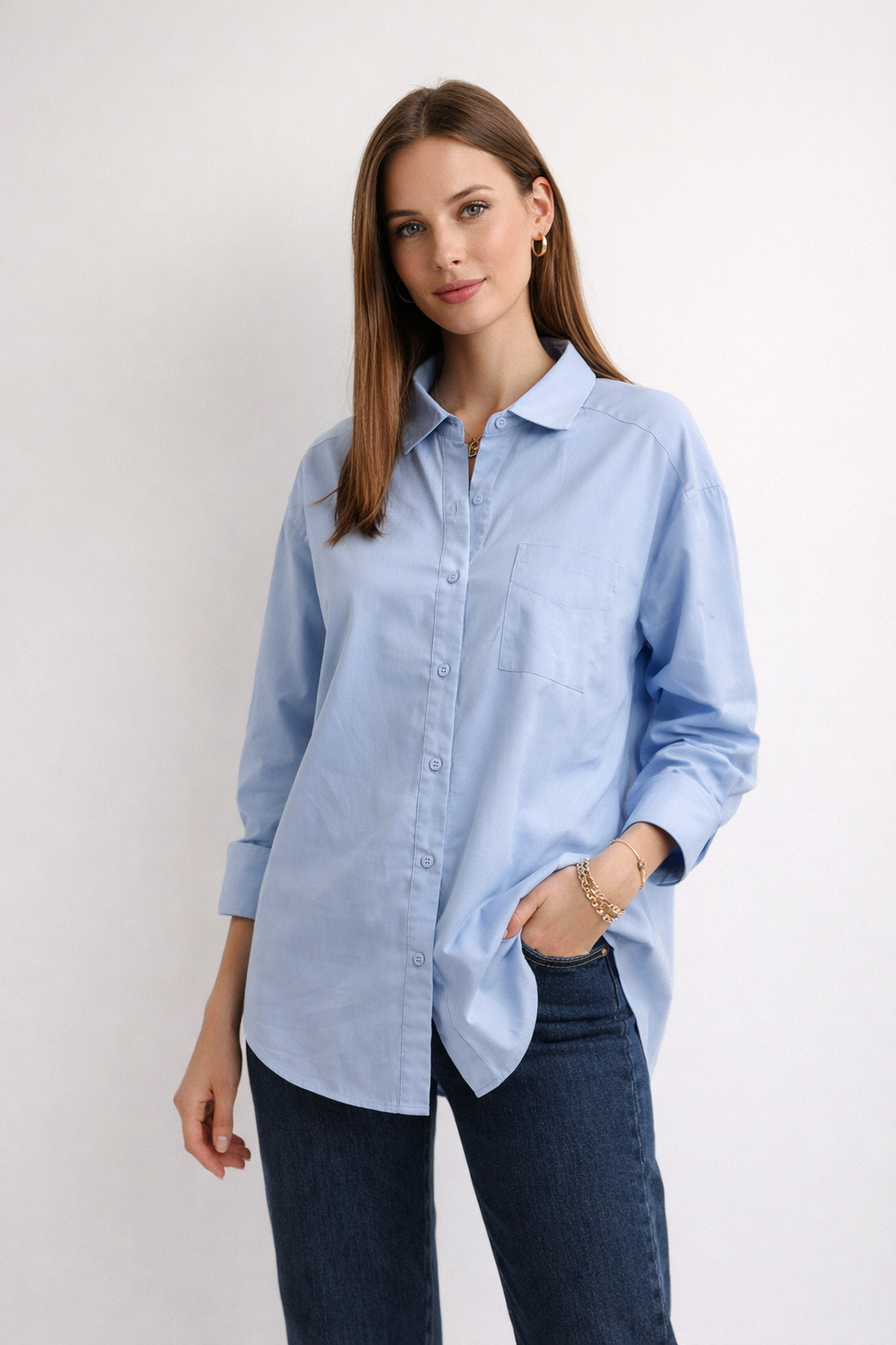 Blusas Para Mujer Camisera Oversize Popelina N61109 Azul