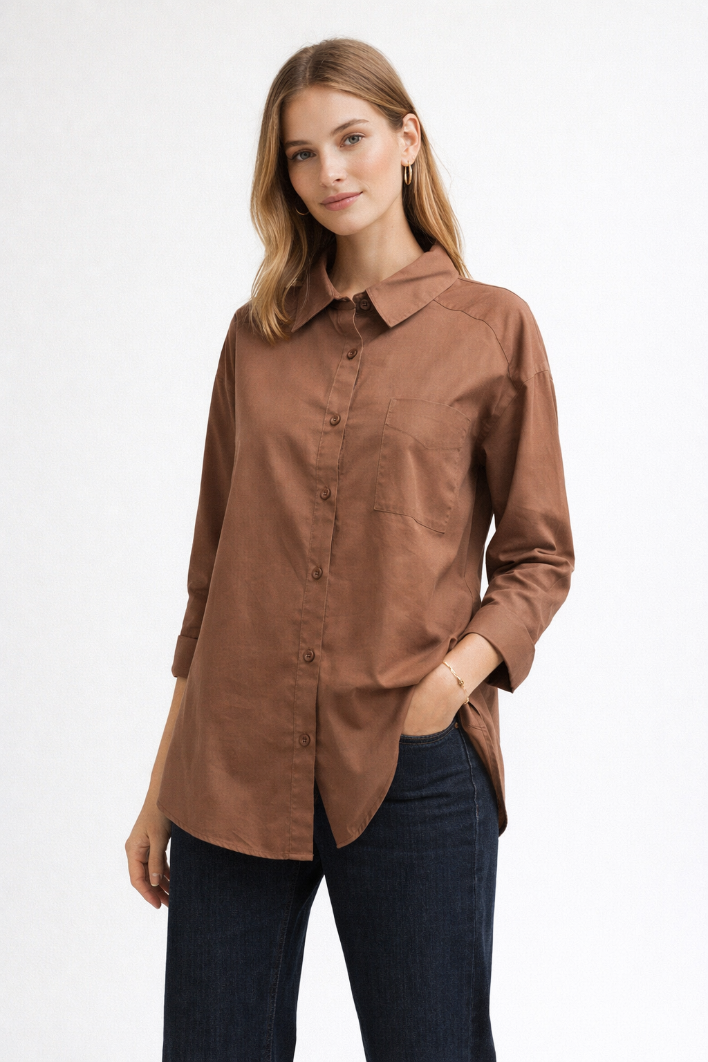 Blusas Para Mujer Camisera Oversize Popelina N61109 Cafe