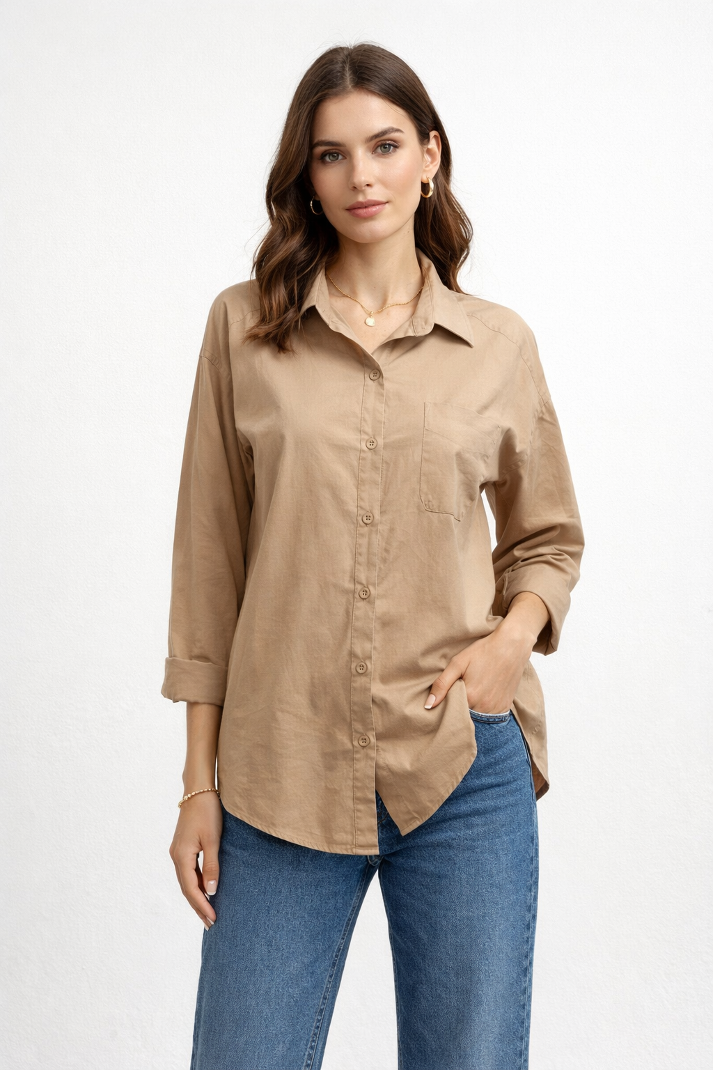 Blusas Para Mujer Camisera Oversize Popelina N61109 Cocoa