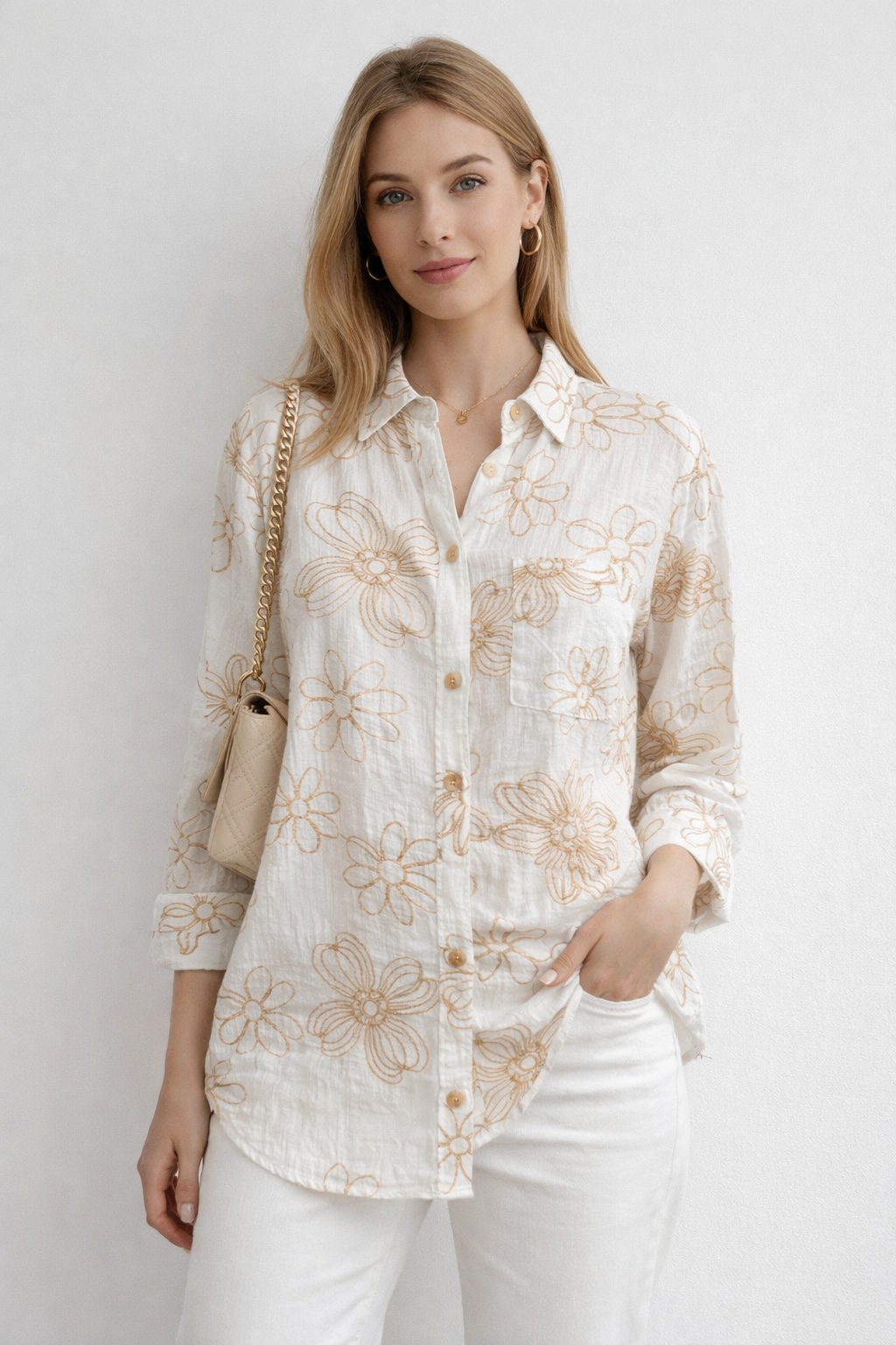 Blusas Para Mujer Camisera Oversize Bordada N61137 Beige