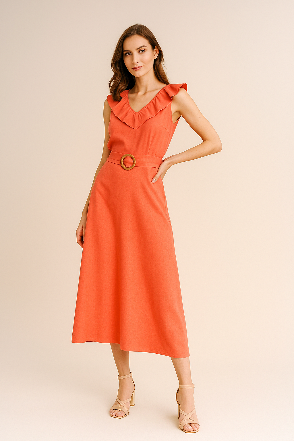 Vestidos Para Mujer Con Cinto Estilo Lino S51114 Coral