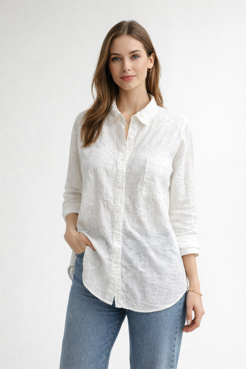 Blusas Para Mujer Camisera Oversize Bordada N61137 Blanco