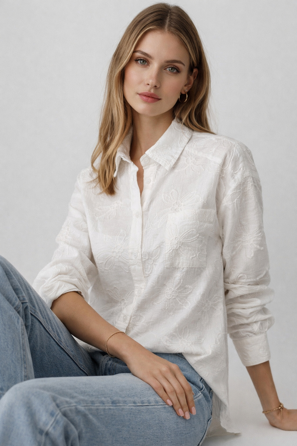Blusas Para Mujer Camisera Oversize Bordada N61137 Blanco