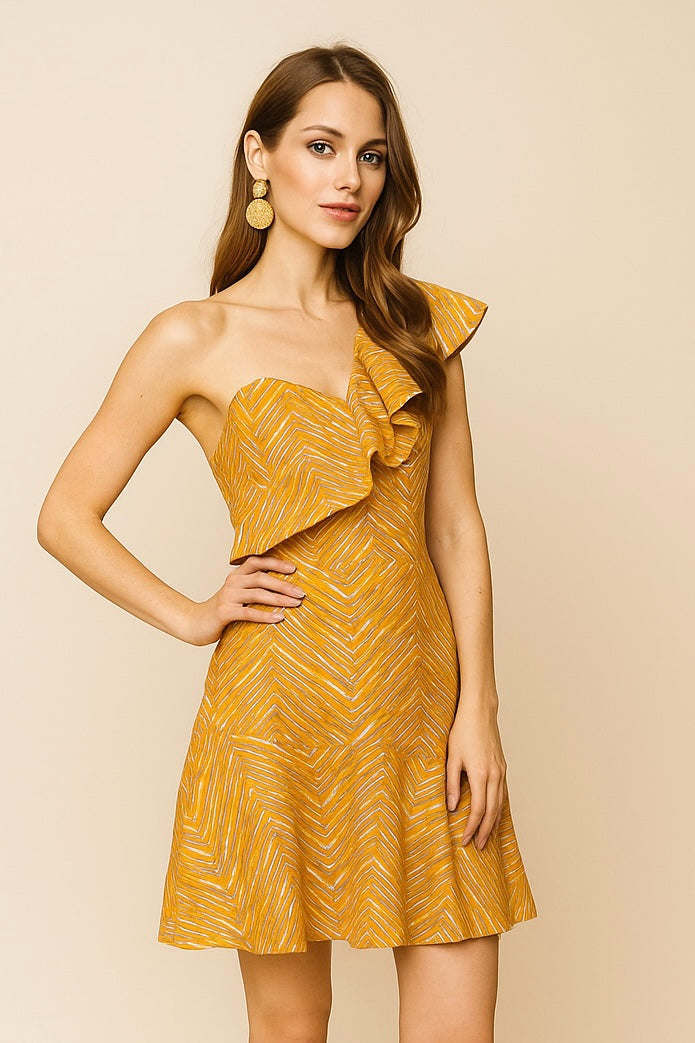 Vestidos Para Mujer Corto Asimetrico S51139 Mostaza/Beige