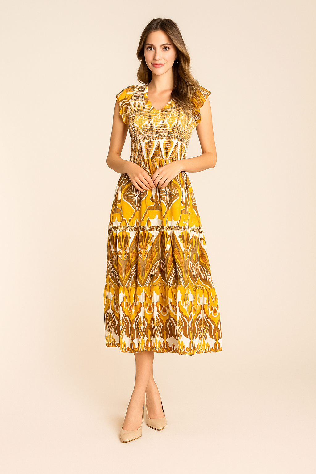 Vestidos Para Mujer Smock Con Olanes S51122 Ocre