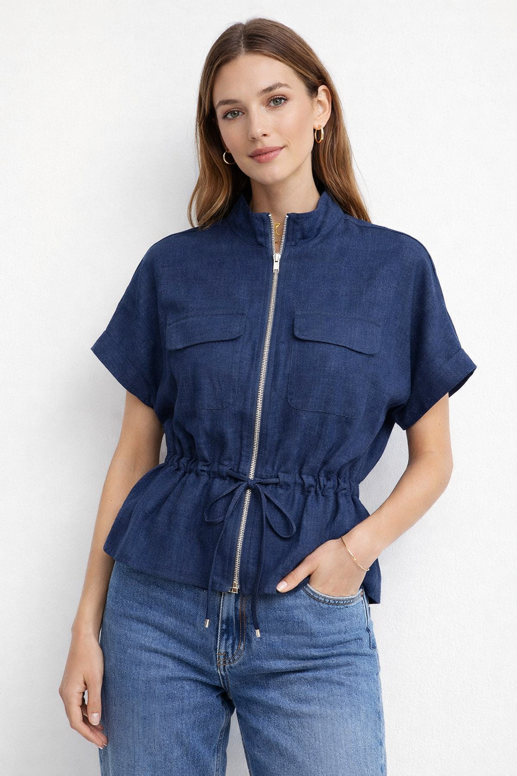Chamarras Para Mujer Tipo Lino Con Bolsillos y Jareta Q61100 Indigo