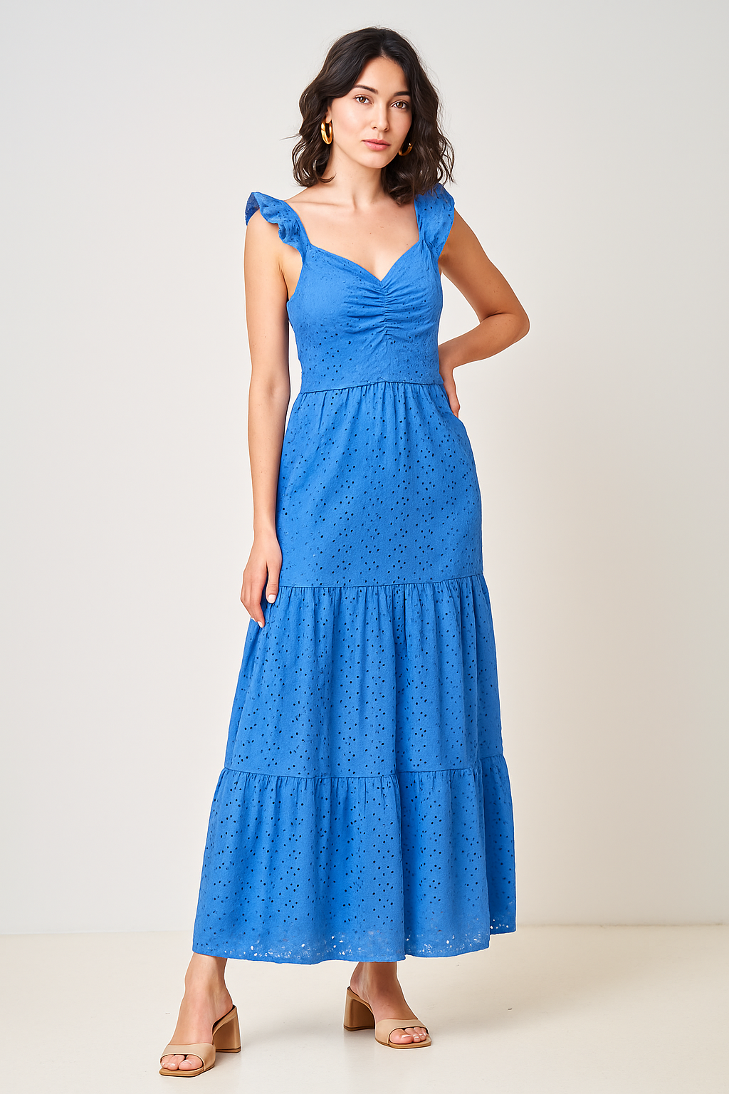 Vestidos Para Mujer Largo Escotado De Tirantes Con Olanes Perforado Con Bordado S41111 Azul