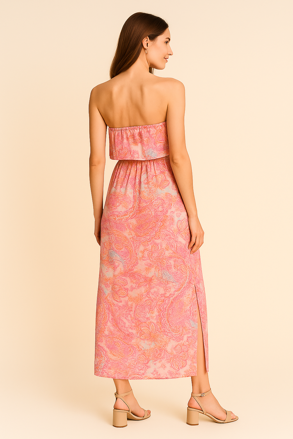 Vestidos Para Mujer Straples Largo Con Olan Estampado Paisley Con Abertura En Pierna S41112 Unico