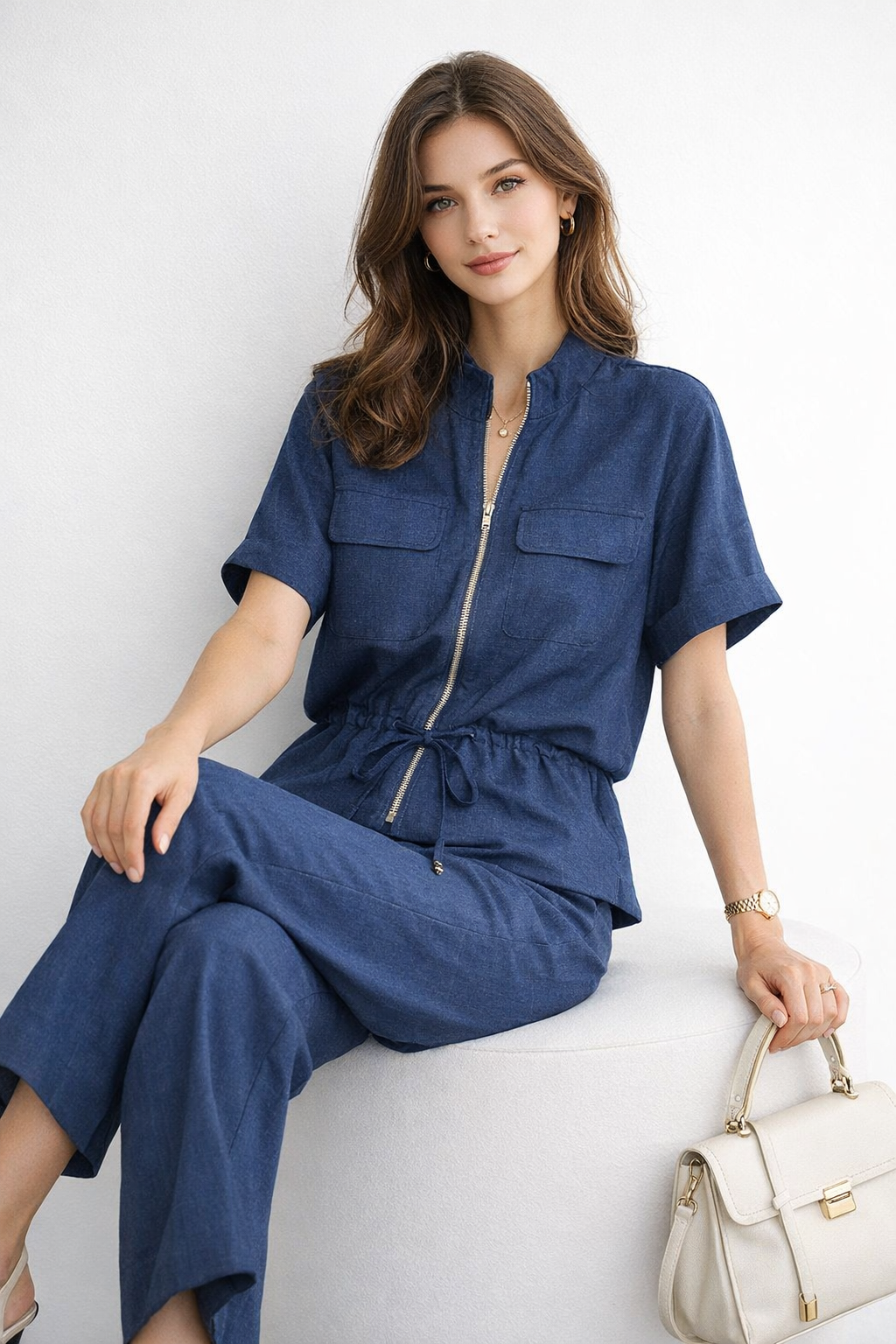 Chamarras Para Mujer Tipo Lino Con Bolsillos y Jareta Q61100 Indigo