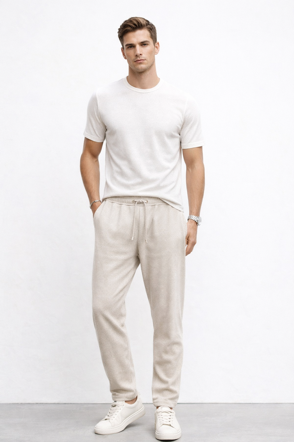 Pantalones Para Hombre Con Jareta y Pinzas Tejido G61401 Beige