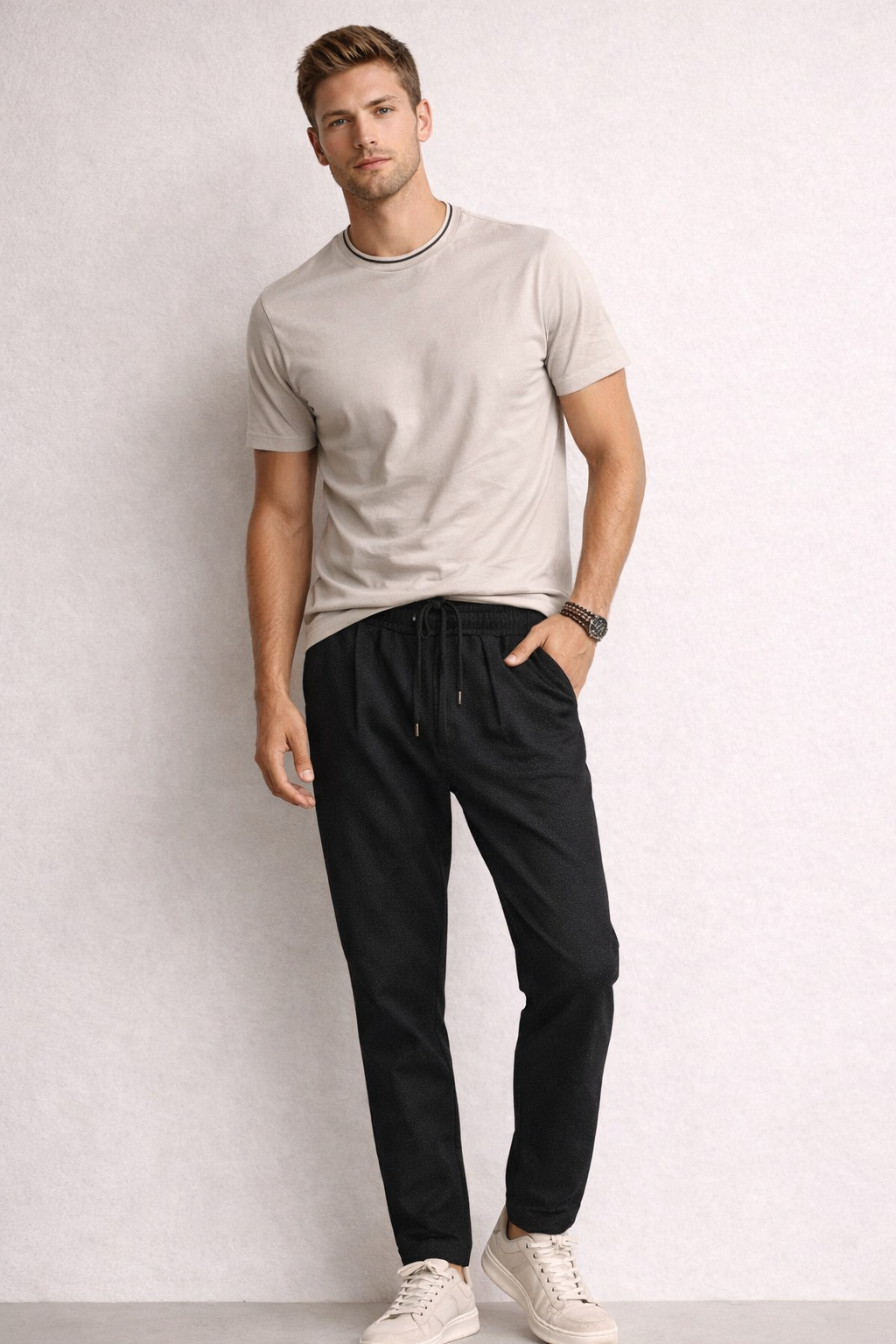 Pantalones Para Hombre Con Jareta y Pinzas Tejido G61401 Negro