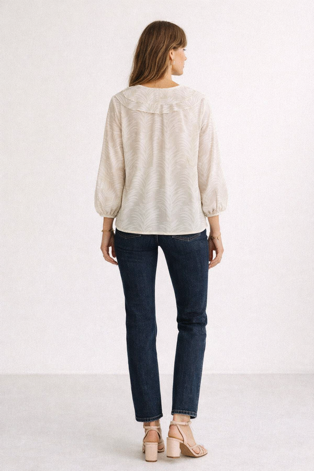 Blusas Para Mujer con Olanes Estampado De Hojas N61139 Hueso/Beige