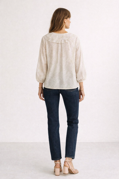 Blusas Para Mujer con Olanes Estampado De Hojas N61139 Hueso/Beige