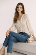 Blusas Para Mujer con Olanes Estampado De Hojas N61139 Hueso/Beige