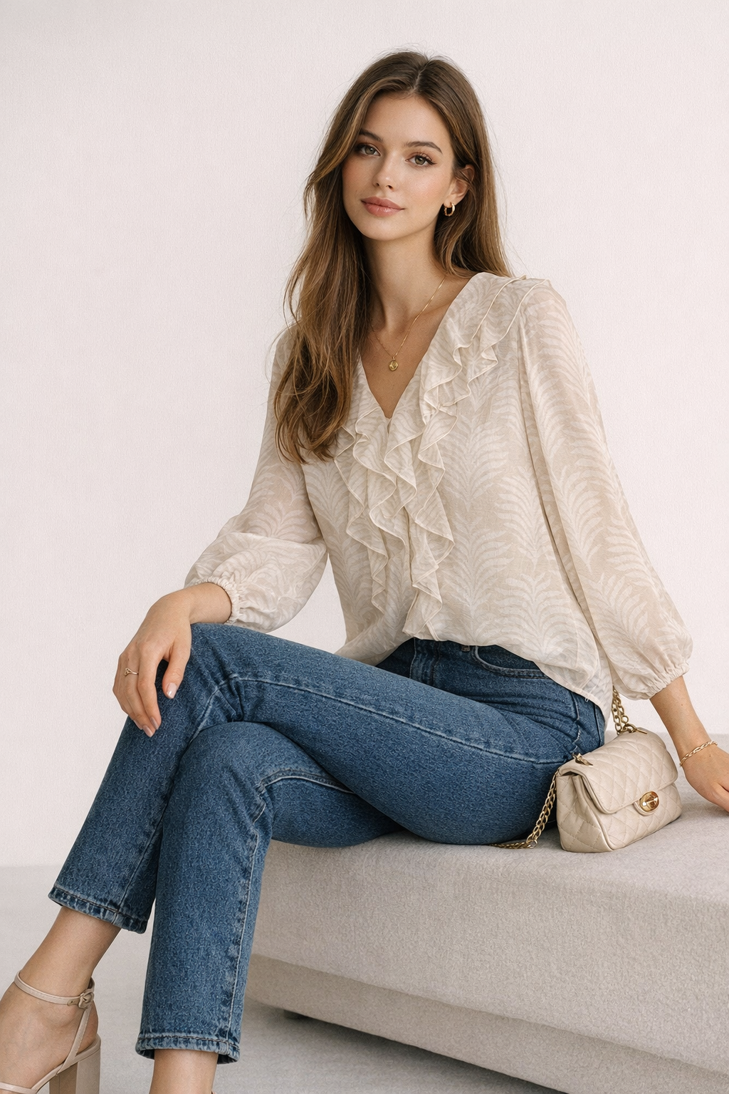 Blusas Para Mujer con Olanes Estampado De Hojas N61139 Hueso/Beige