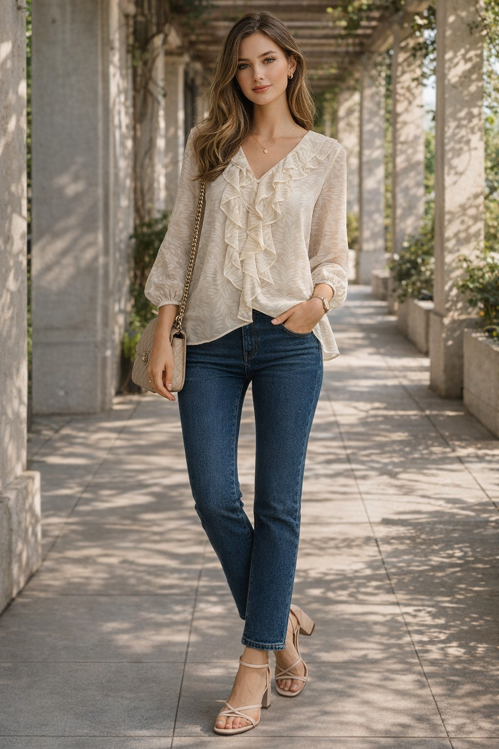 Blusas Para Mujer con Olanes Estampado De Hojas N61139 Hueso/Beige