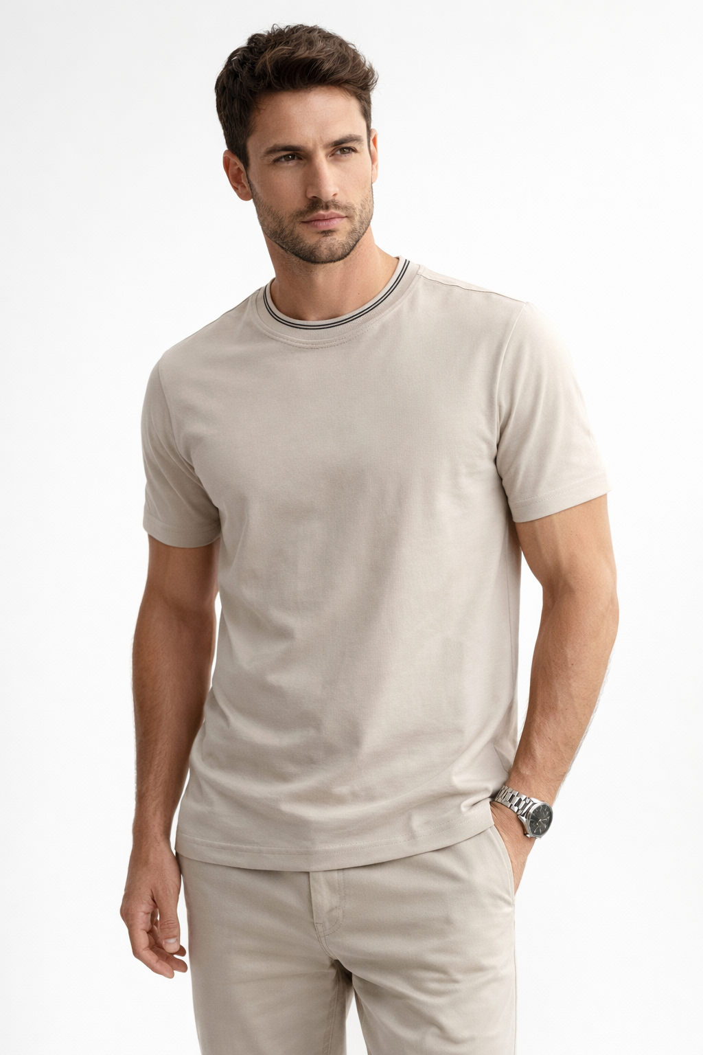 Playera para Hombre Cuello Redondo Stretch Antiarrugas A61403 Beige