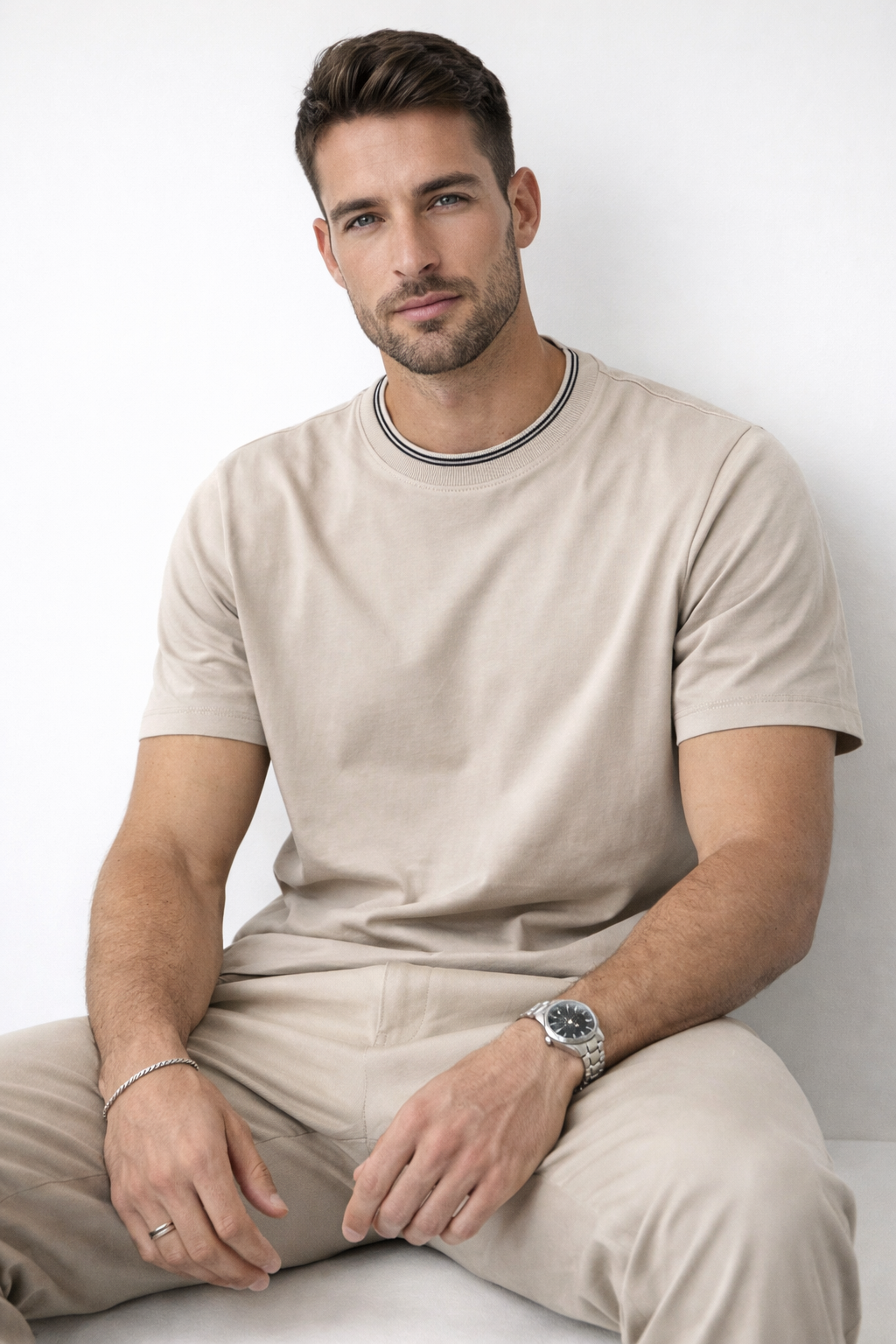 Playera para Hombre Cuello Redondo Stretch Antiarrugas A61403 Beige