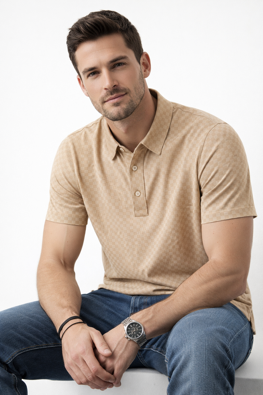 Playera Polo para Hombre Jacquard Antiarrugas Super Stretch A61412 Beige